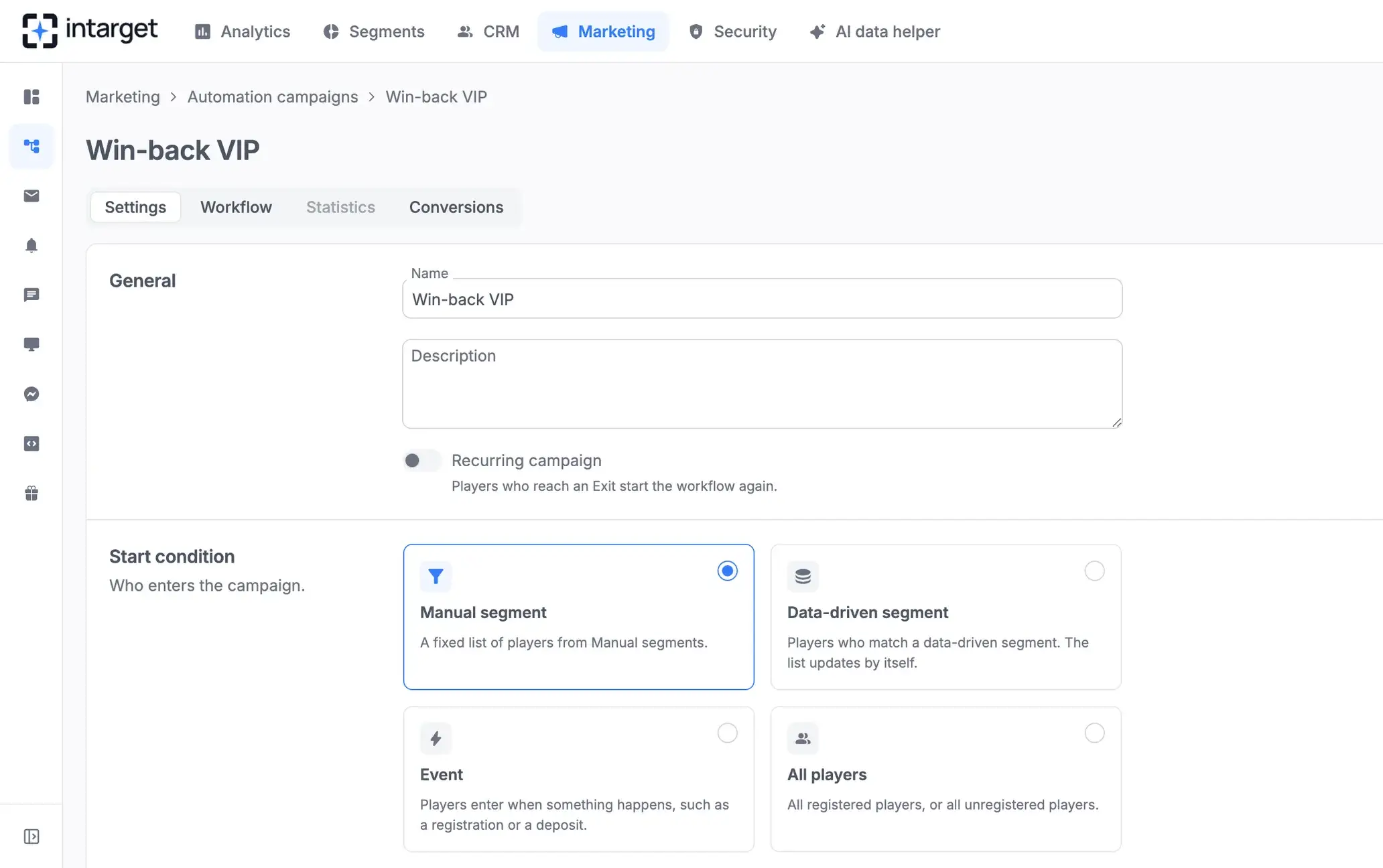 InTarget interface: The campaign builder.