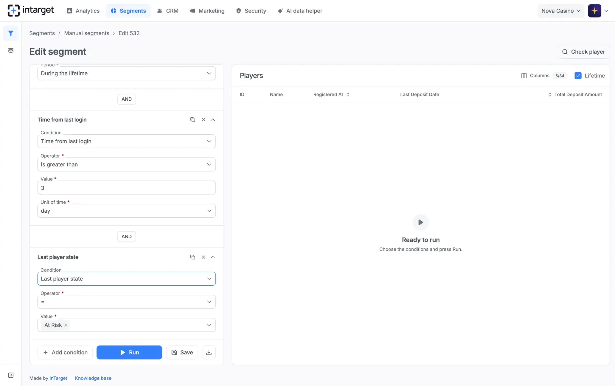 InTarget interface: Player intelligence.