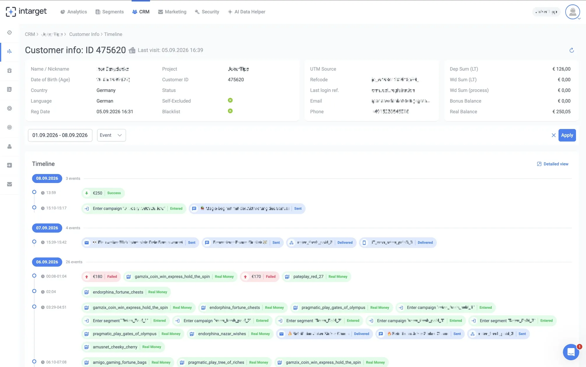 The InTarget CRM: one player’s timeline, with deposits, game sessions, campaign and segment entries and the messages sent to them, day by day