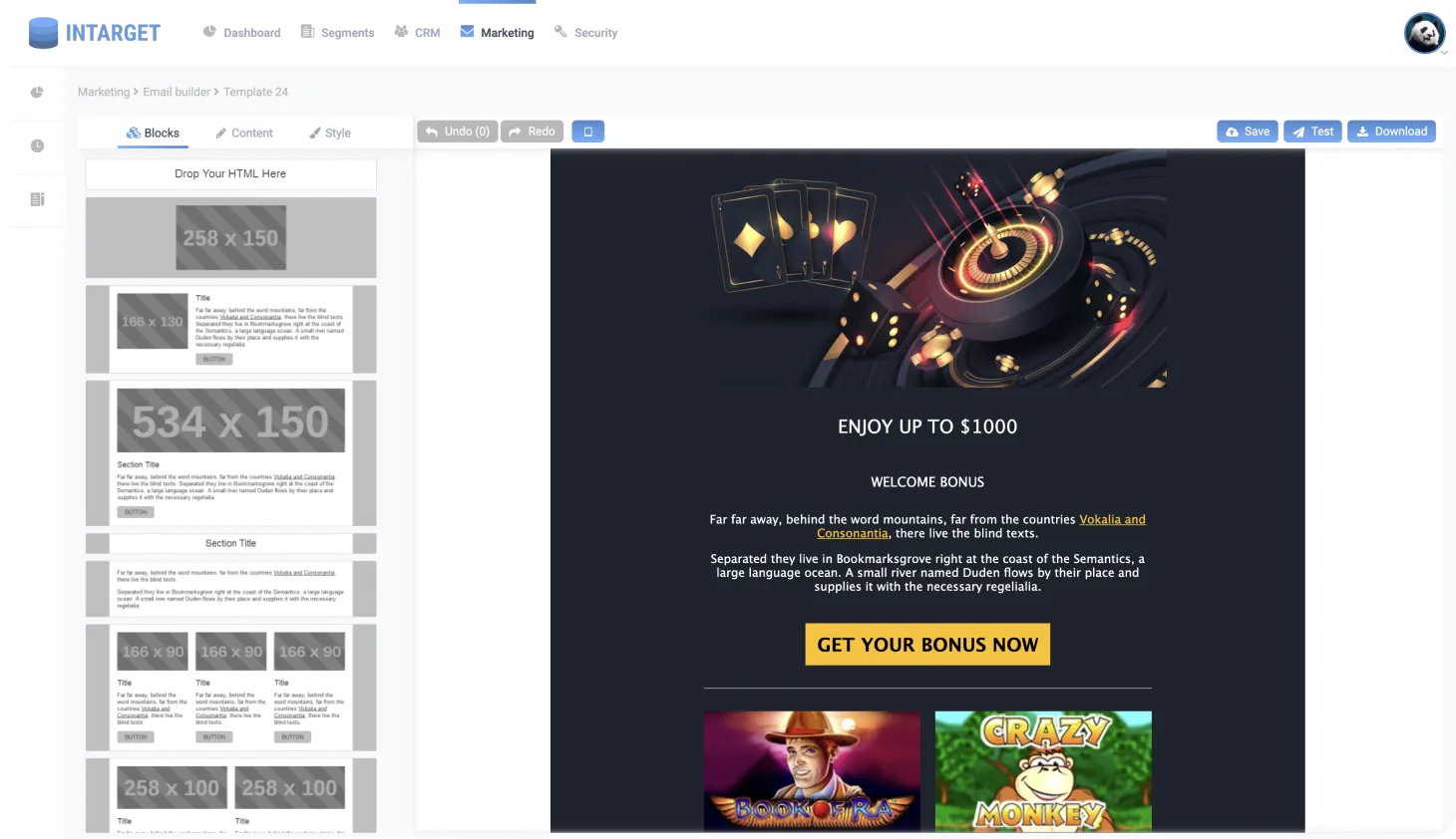 InTarget email builder: a casino welcome bonus template assembled from drag-and-drop blocks next to a live preview of the message